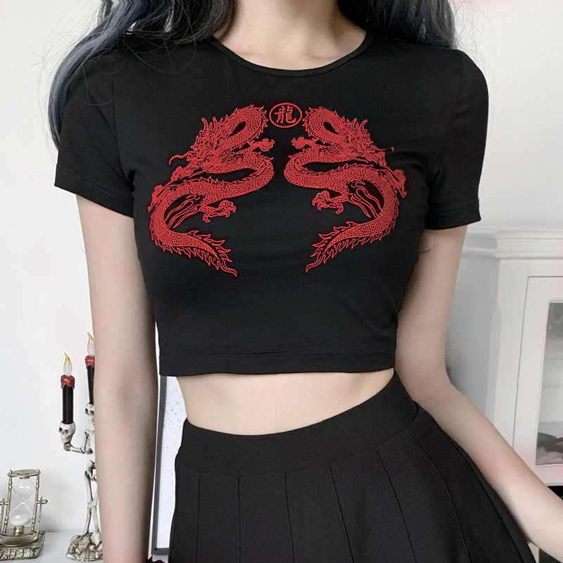 Dragon Print Short-Sleeved Short T-Shirt NSGYB97827