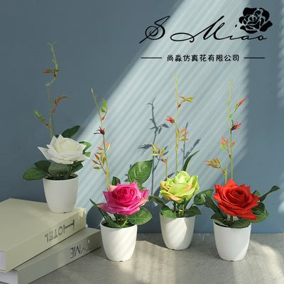 新款 玫瑰盆景 仿真花 厂家直销 人造花 创意摆件 跨境专供 假花