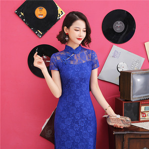 Cheongsam royal blue lace chinese dress Female Miss etquette Costume Banquet Catwalk car model Performance Costume Long Chinese Style