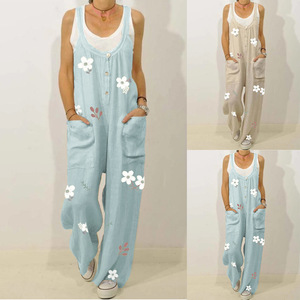 Printed casual thin back belt pants button women’s one-piece pants