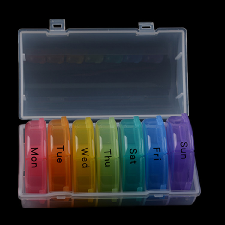 新款一周pp塑料药盒 21格彩虹圆形药盒 便携式旅行药盒跨境电商