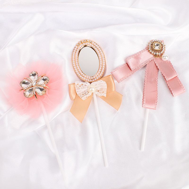 创意轻奢复古镶钻镜子珠宝蝴蝶结蛋糕插牌 婚礼生日派对甜品插件