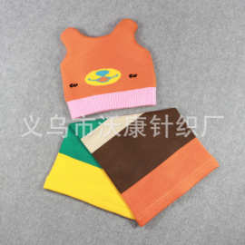 条纹全棉秋冬儿童毛线帽子保暖卡通耳朵针织帽围巾套装批发厂家