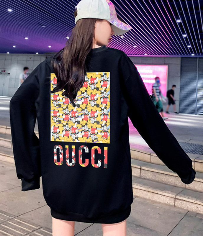 European and American Large Edition fleece-lined Thickened Sweatshirt Women's 2024 Autumn and Winter New Mickey Mouse Printed Loose Round Neck Long Sleeve Top