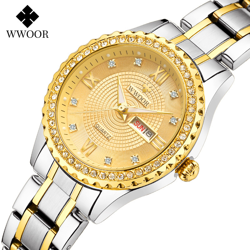 WWOOR Holding Love nueva pareja casual reloj de cuarzo para hombre calendario impermeable rhinestone reloj de moda para mujer 8856