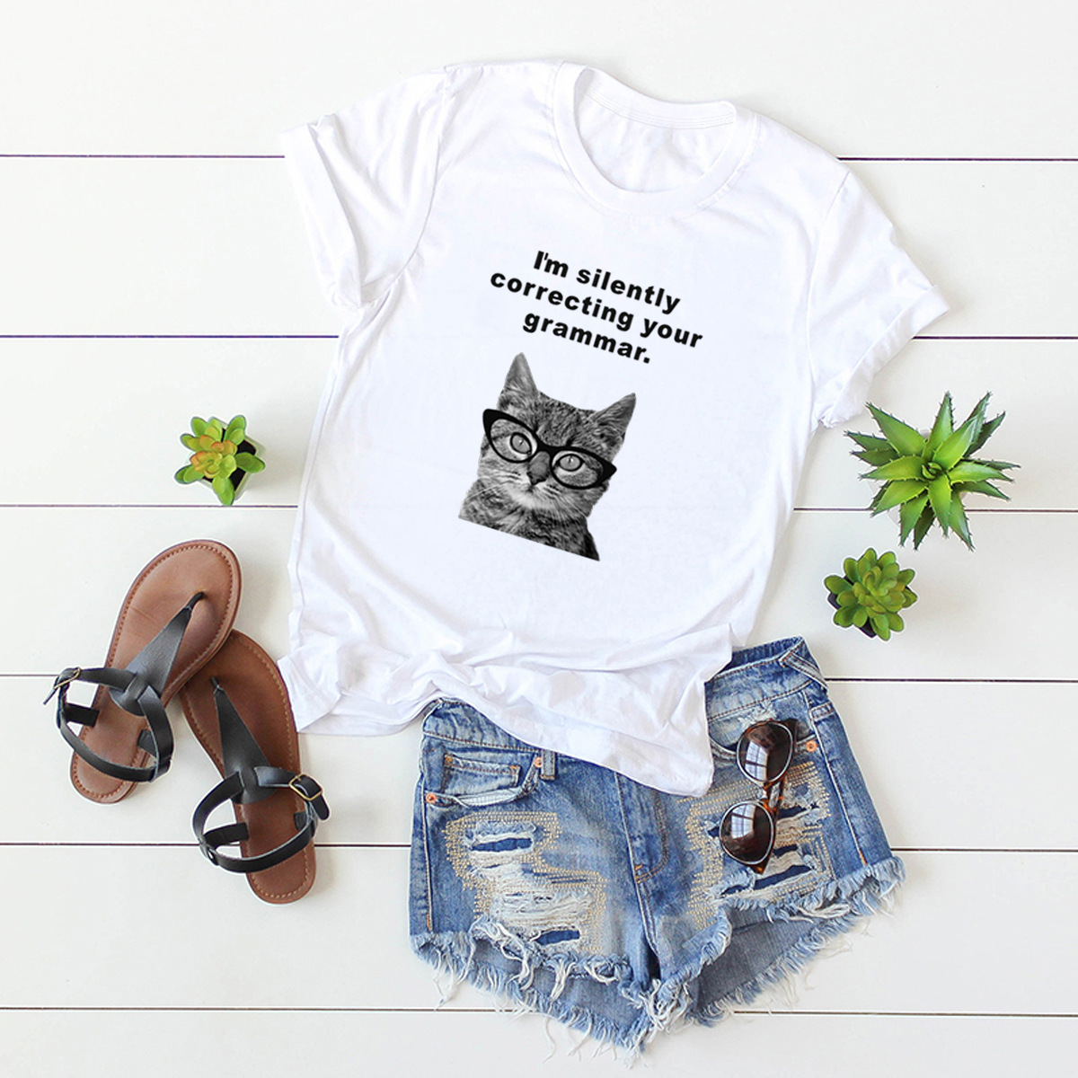 camiseta casual de mujer de manga corta con estampado de gato NSSN1780