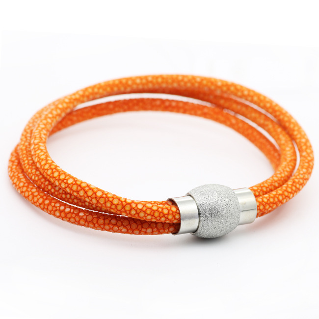 4mm*20cm Imported Orange Fish Skin Hand-glued Round Rope Multi-layer Genuine Leather Bracelet Environmentally Friendly Stainless Steel Bracelet