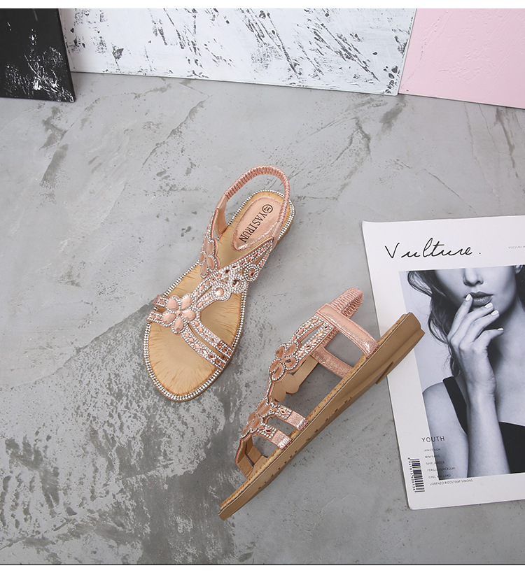 2024 New cross-border large-sized hollowed-out sandals, Bohemian-style women's shoes, summer comfortable flat diamond sandals undefined