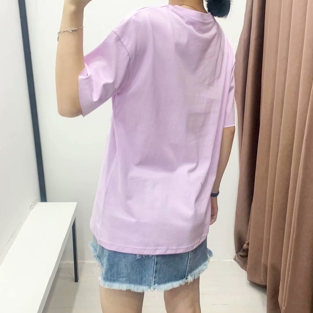 loose purple pink love cartoon bear print short-sleeved T-shirt  NSAM10800