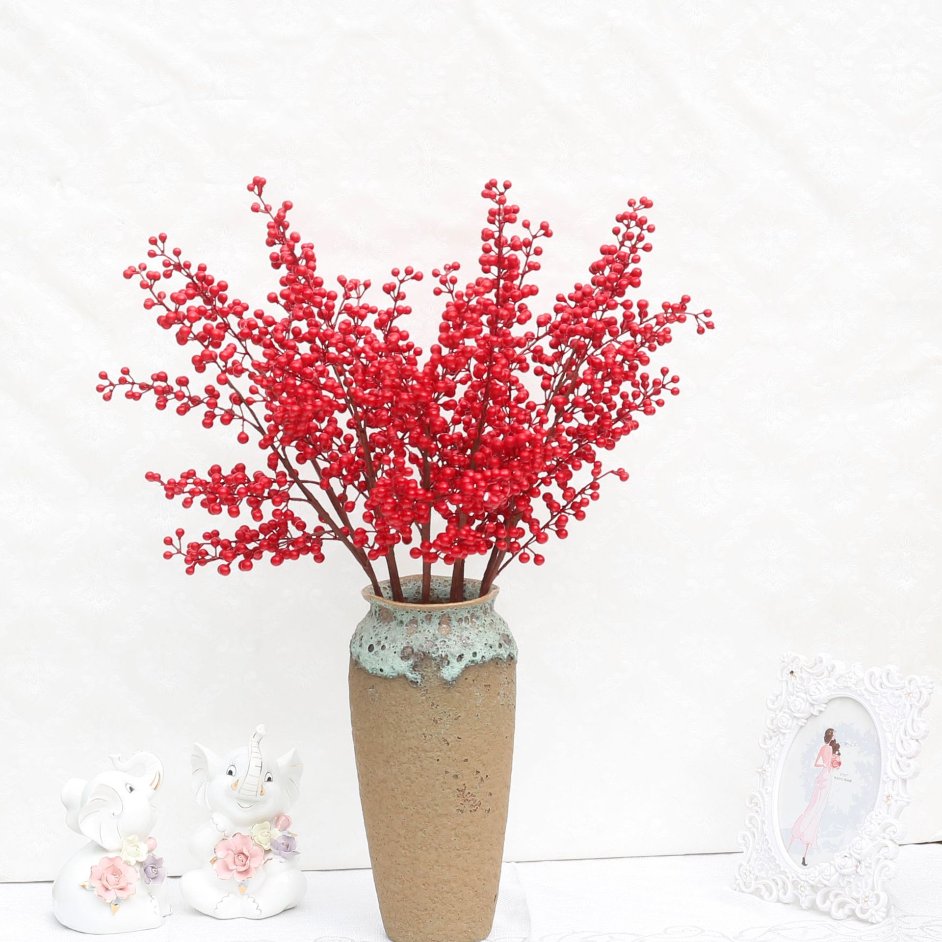 厂家批发仿真红浆果圣诞果枝发财果小冬青果酒店装饰拍照摄影道具