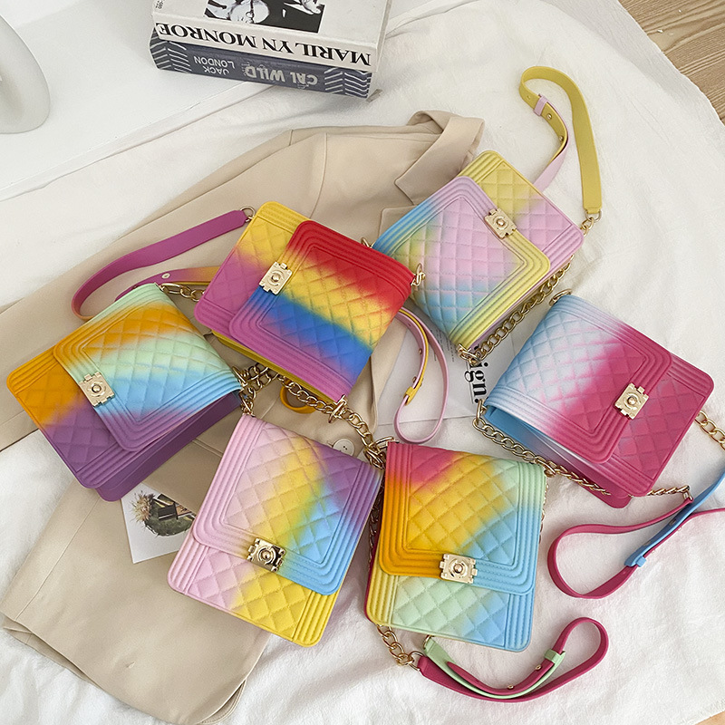 Cross border bag 2020 new pattern Rainbow silica gel jelly Diamond pattern chain bag Foreign trade goods in stock Customizable Messenger Bag