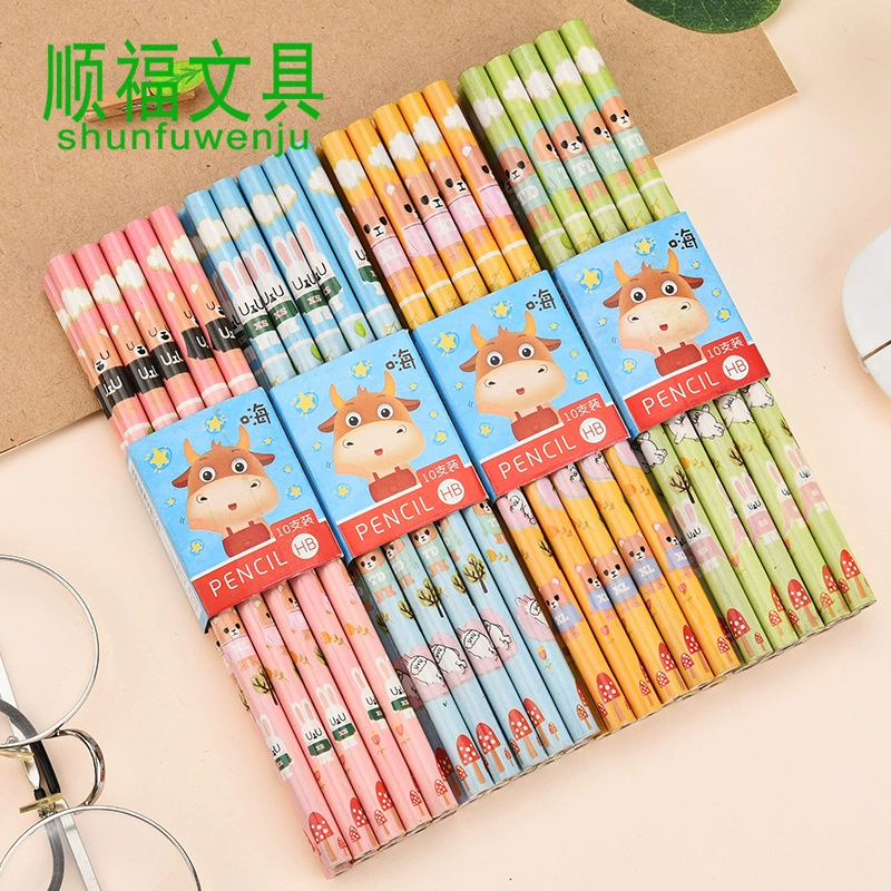 Cartoon HB Round Pencil (shunfuwenju) — HB lead, 4 colors, bulk classroom packs