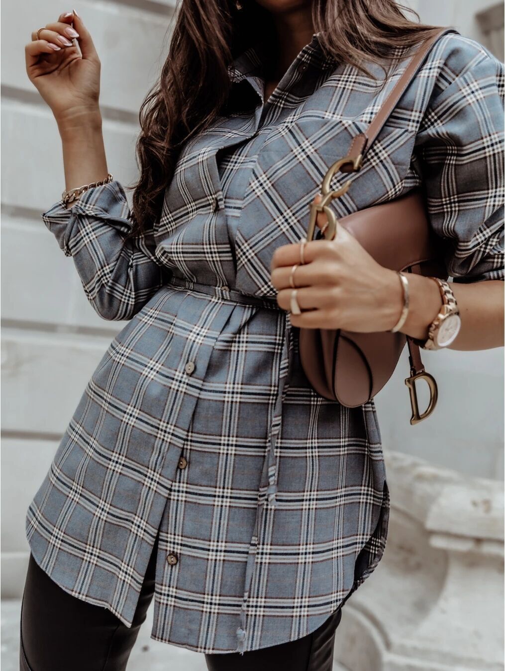 Long-Sleeved A-Line Plaid Shirt Dress NSYF1822