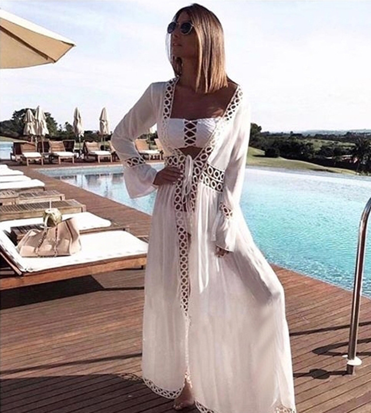 long sleeve lace-up hollow long solid color beach outdoor cover-up NSMUX131635