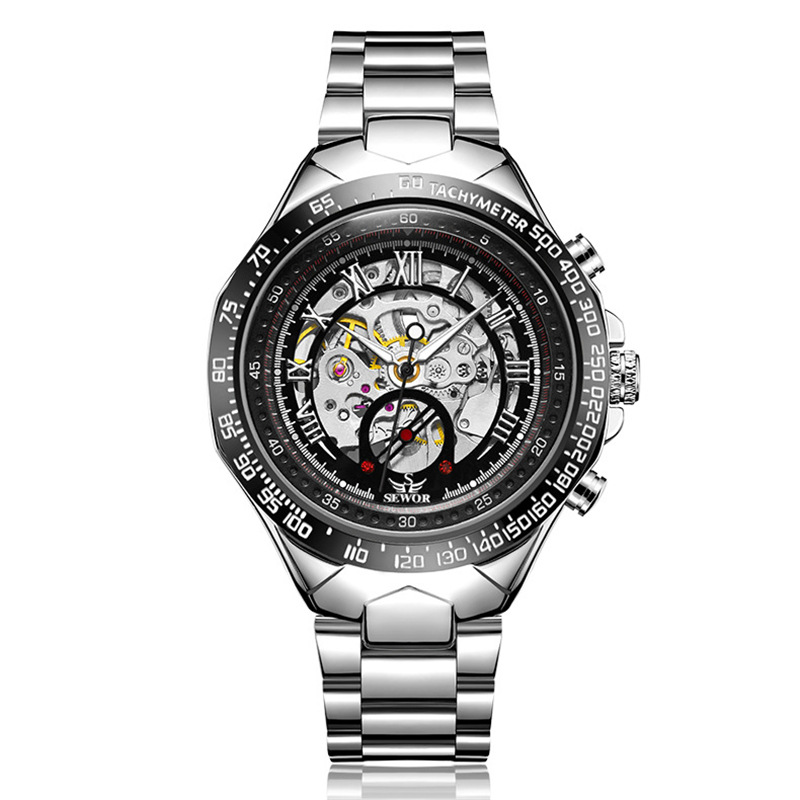 SEWOR correa de acero de moda para hombres reloj mecánico automático reloj mecánico de negocios reloj transparente hueco 768