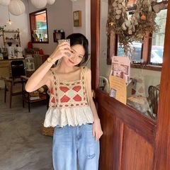 Summer new Hyuna style small suspender Korean style sleeveless hollow splicing inner short base vest for women to wear outside