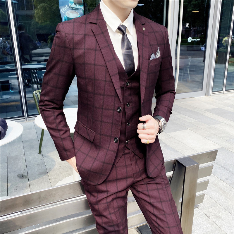 Suit Suit Men's Three-Piece Korean Style Western Plaid Slim Suit Professional Formal Wear Groomsmen Wedding Dress Suit Suit Men's Three-Piece Korean Style Western Plaid Slim Suit Professional Formal Wear Groomsmen Wedding Dress