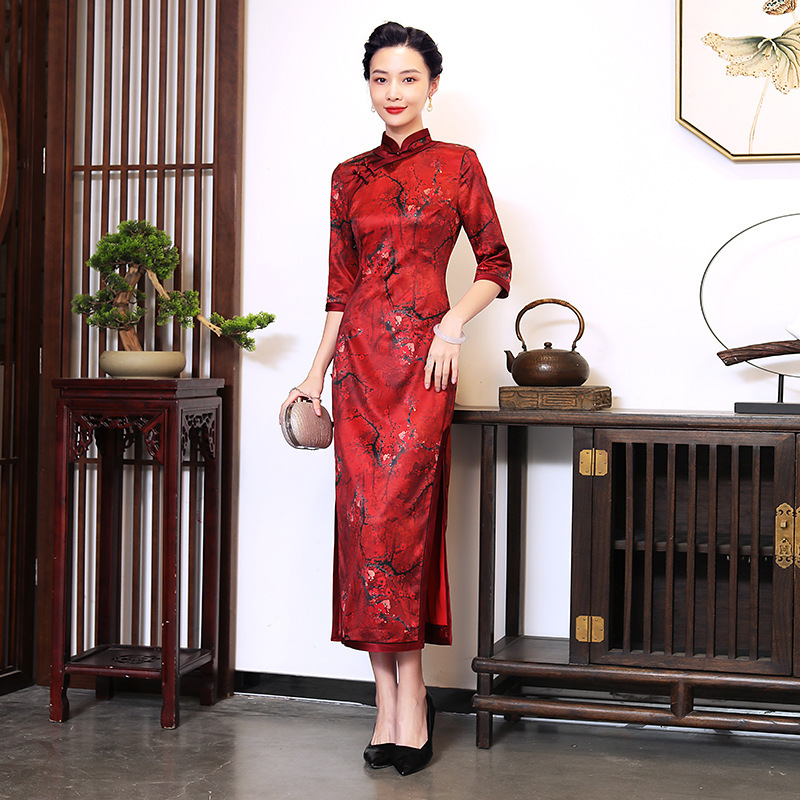  Red Flowers cheongsam Chinese wind restoring ancient retro qipao chinese dresses middle long sleeve dress show runway evening party fashion dress