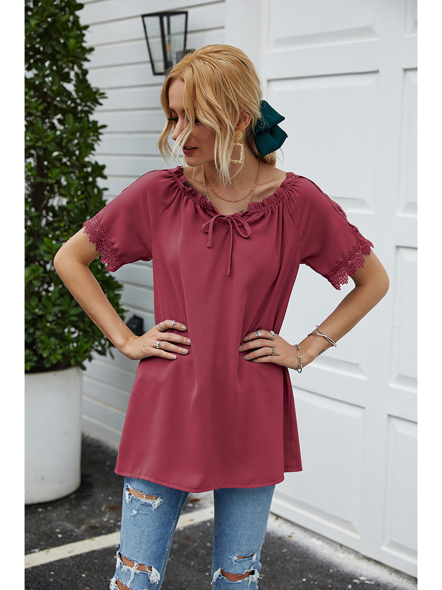 solid color lace one-shoulder hooded casual short-sleeved T-shirt NSAL2880