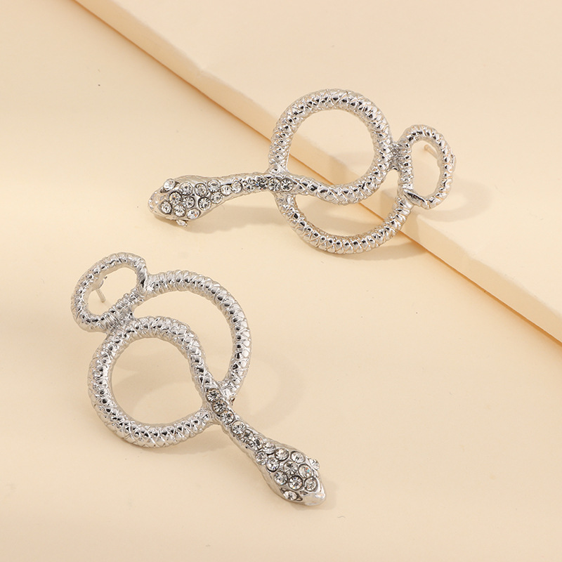 New Retro Fashion Snake-shaped Earrings Texture Silver Diamond Curved Earrings For Women Wholesale display picture 7