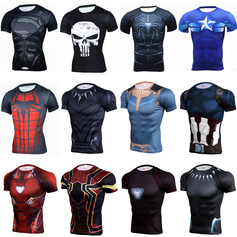 3D Digital Printing Superman Panther Short-sleeved T-shirt Captain America Sports Tights Men's Quick-drying Fitness
