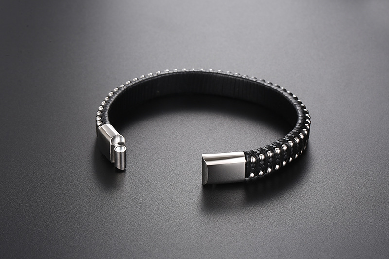 Leather Jewelry Stainless Steel Braided Leather Cord Cowhide Steel Ball Bracelet