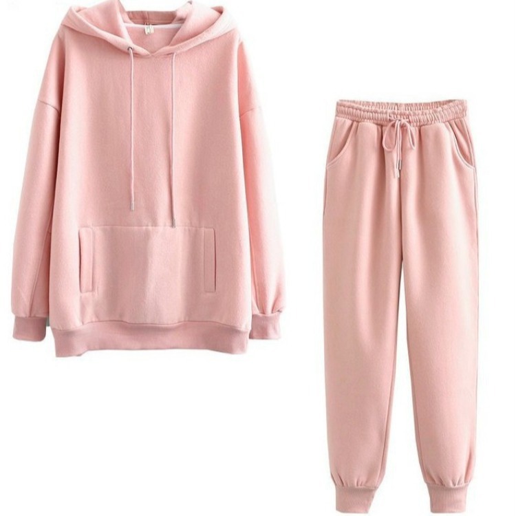 Damen neue Mode lässig plus Samt verdickte Kapuze Damen Sweatshirt lose Top Hosen Anzug_voghion.com