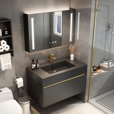 现代简约轻奢岩板一体盆卫浴室柜组合卫生间洗脸洗手池洗漱台盆柜