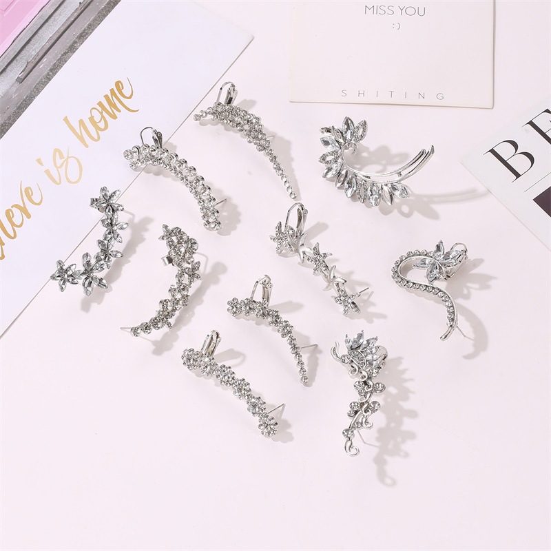 Pendientes europeos y americanos elegante diamante completo mariposa flor solo cristal clip de oreja Hipster pasarela discoteca oído espárragos oreja colgando