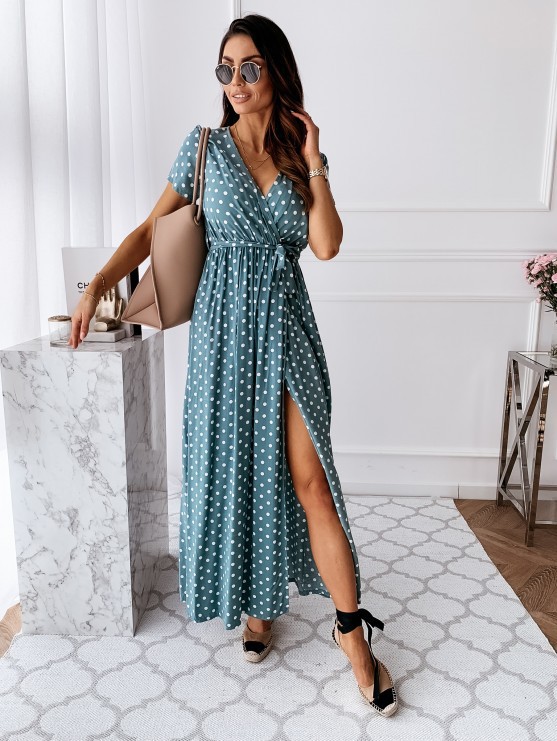 Short Sleeve V-Neck Polka Dot Print Dress Long Skirt NSYD3828