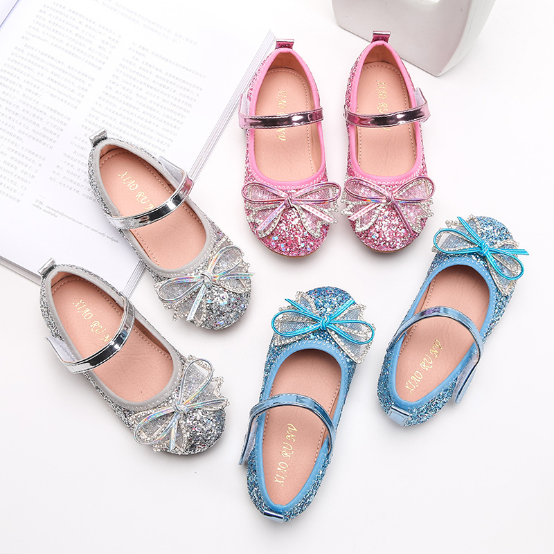 2022 new girls' Sequin crystal shoes little girls' flat sole shoes children's shiny bow banquet princess shoes