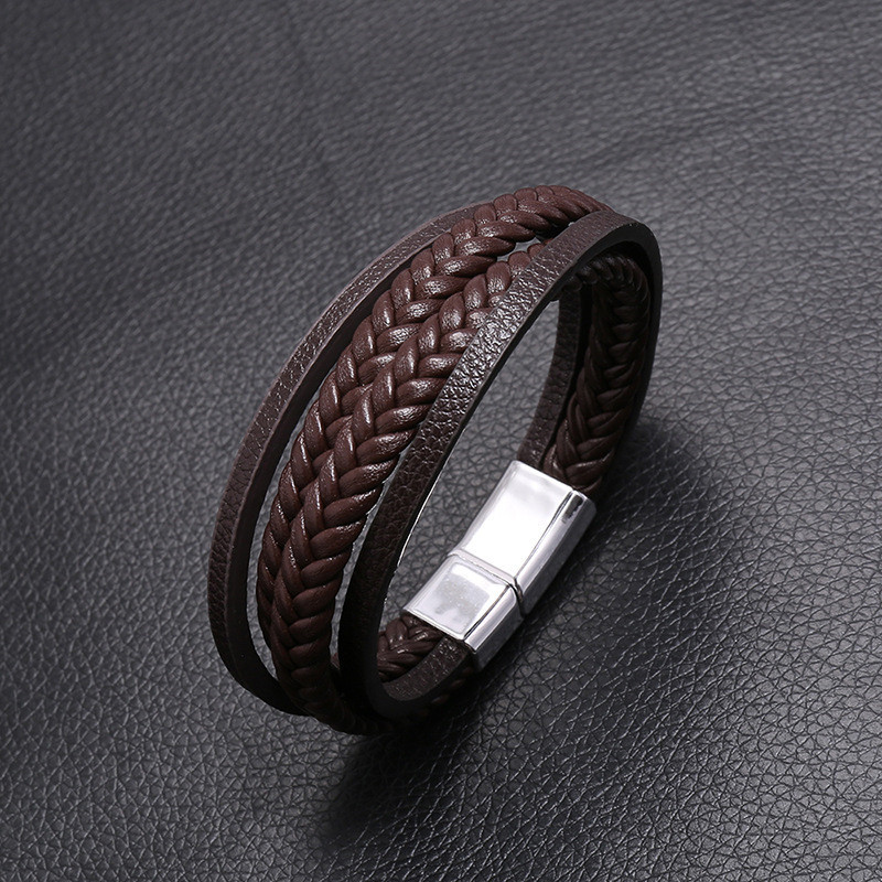 Men's Leather Bracelet, Multi-layer Woven Wristband With Magnetic Clasp_voghion.com