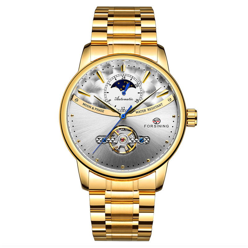 Forsining busini correa de acero los hombres negocios reloj mecánico automático inferior transparente hueco 8179