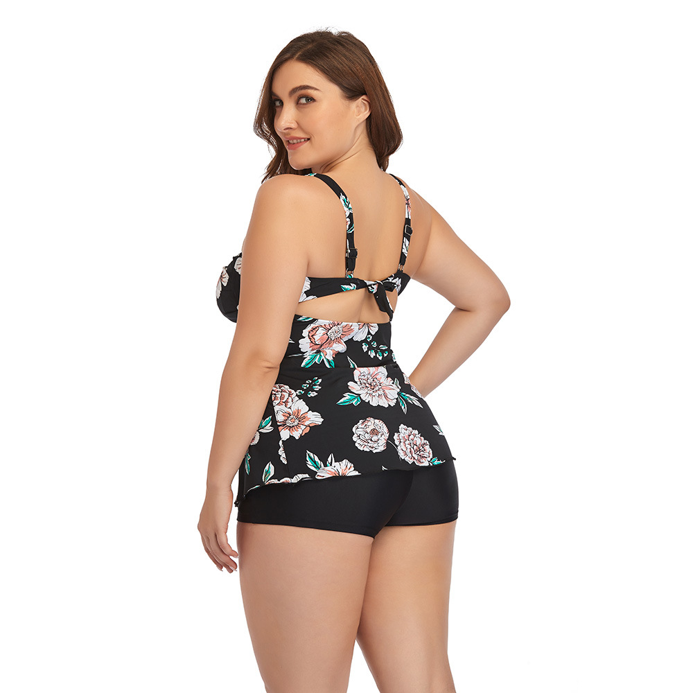 plus size floral printed back lace up split swimwear NSYDS122094