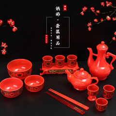 Red, thickened plastic lotus-shaped wine pot, teapot, offering cup, serving plate, bowl, and chopsticks—manufacturer-direct wholesale set for deity worship