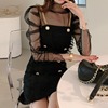 High collar Tulle Top + double breasted dress with metal chain sling