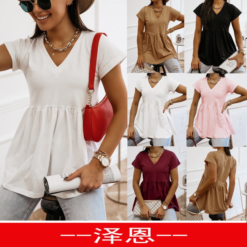 2020 Spring and Summer Cross-border Women's Clothing ebay Amazon wish Hot Sale Solid Color V-neck Short Sleeve Doll Shirt 2130