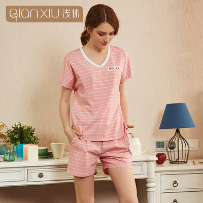 Knitted Cotton pajamas lady New summer lady stripe Home service package Knitted Cotton pajamas
