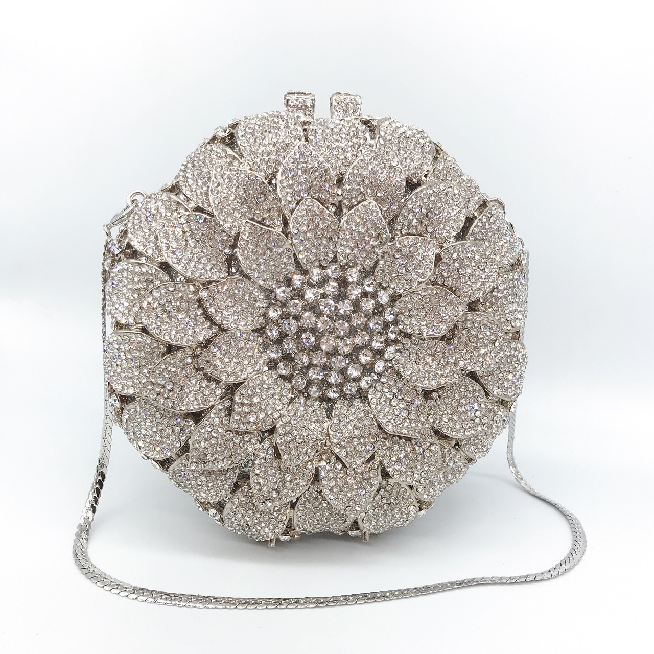 Elegant, Streetwear Style Gold Silver Rhinestone Metal Flower Round Evening Bags