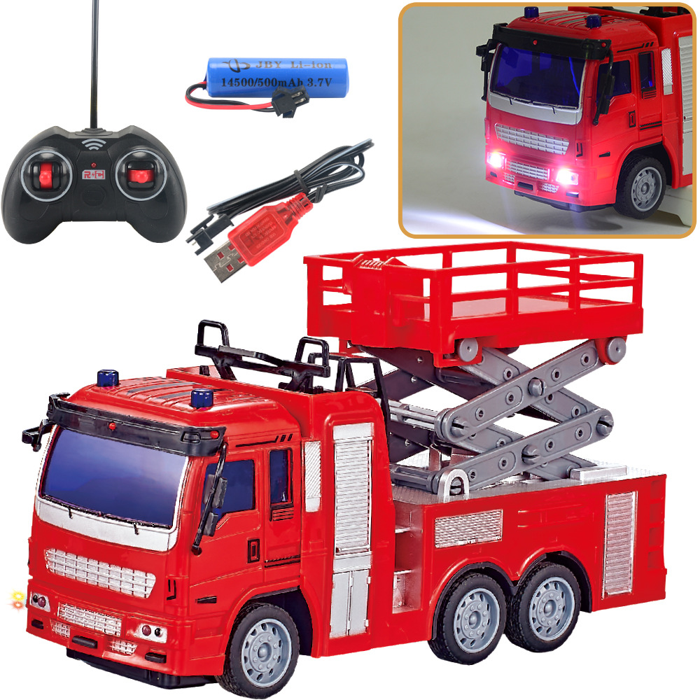 跨境儿童四通无线遥控消防车模型玩具套装男孩电动喷水云梯救火车