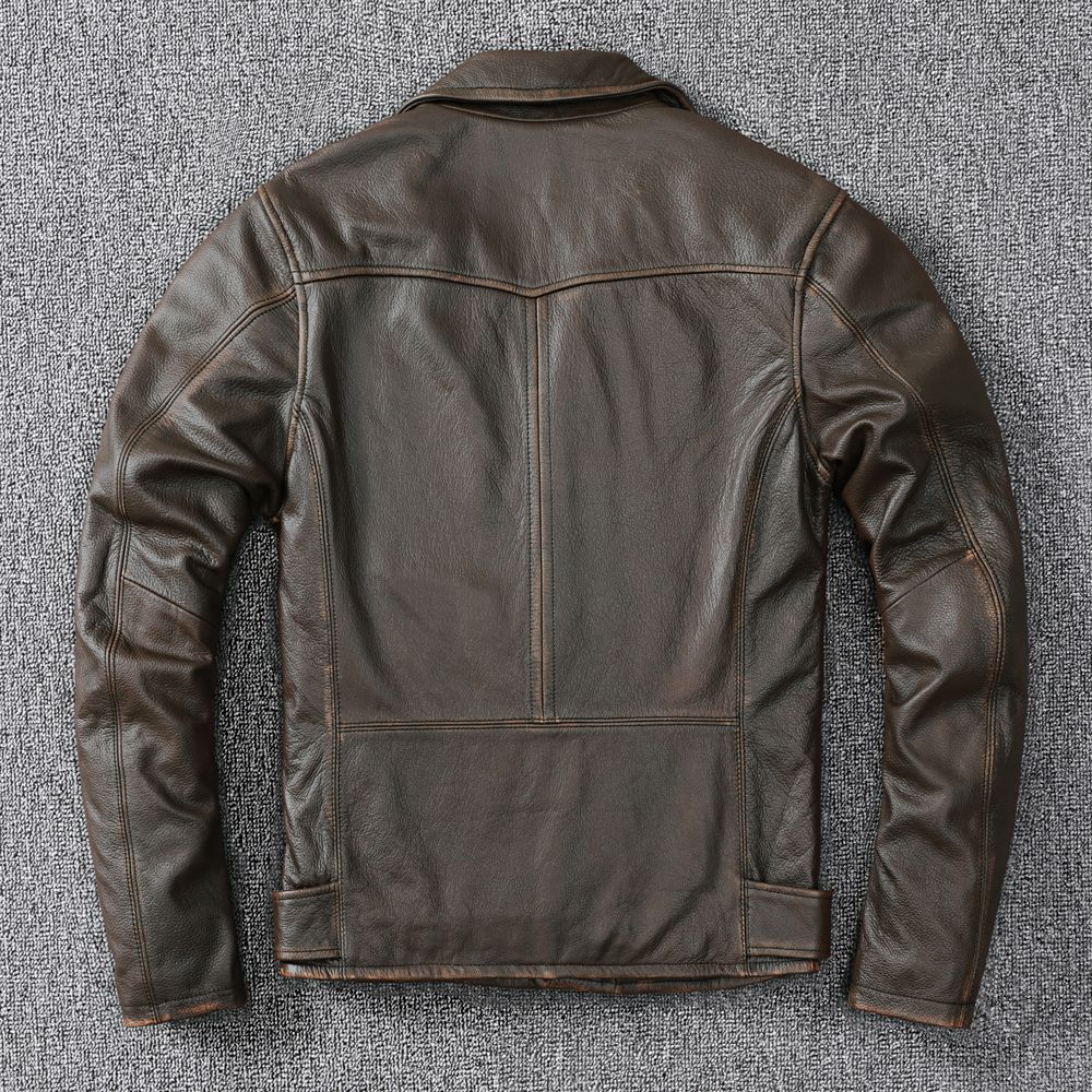 复古做旧皮夹克男 头层牛皮皮衣厚 纯真皮皮衣磨边机车服摩托车服|ms