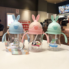 Children's Plastic Water Cup Rabbit Ear Straw Cup Anti-fall and Anti-leak Dual-purpose Cup Portable Baby Water Cup Bouncing Out
