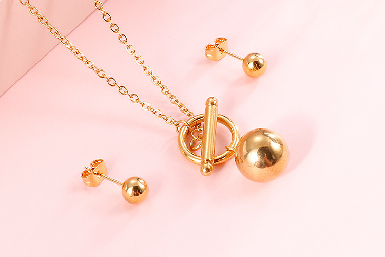 simple fashionable golden ball OT buckle necklace earrings stainless steel set wholesale nihaojewelr