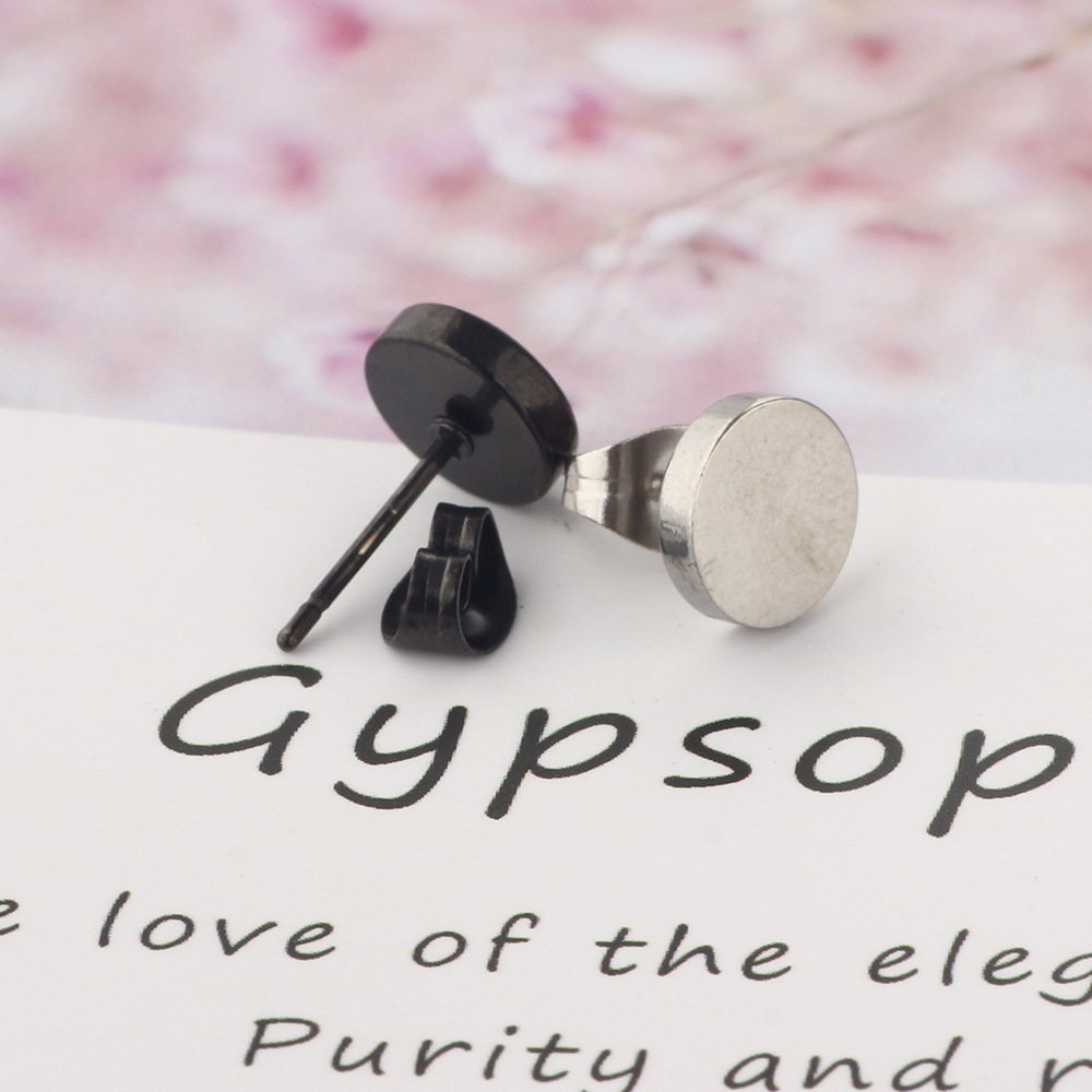 Men's Titanium Steel Flat Round Pie Earrings Black 10mm Cartilage Stud Earring detail image 10