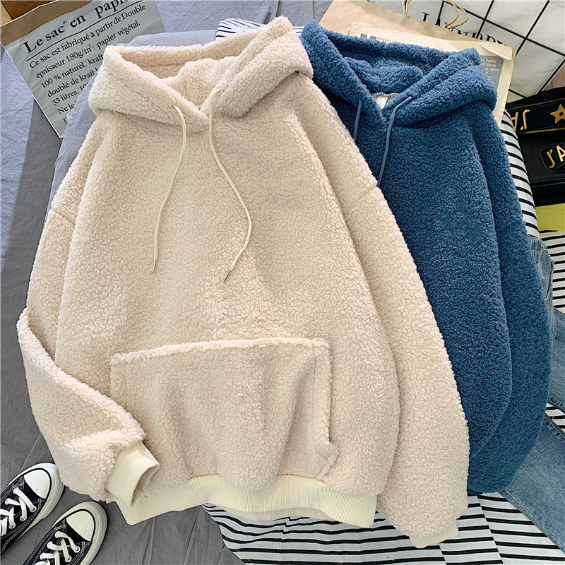 Ins super popular suéter con capucha de lana de cordero otoño e invierno de las mujeres sueltas estilo coreano ulzzang forrado de lana gruesa capa de moda generación de cabello