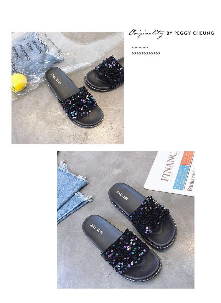 Pailletten-Mode-Hausschuhe für Damen, Sommer, koreanische Muffin-Schuhe mit dicken Sohlen, Oberbekleidung im neuen Stil, koreanischer flacher Boden, einzeilige Hausschuhe, Studenten_voghion.com