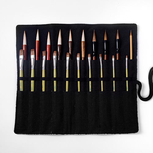 Black Peony Cotton Linen Double-Layer Large Capacity Watercolor Brush Bag with Hair Brushes Oil Paint Brushes, Watercolor Brush Storage Bag