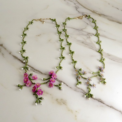 日韩饰品 速卖通热销勿忘我款天然珍珠进口烤漆毛衣项链满200包邮|ms