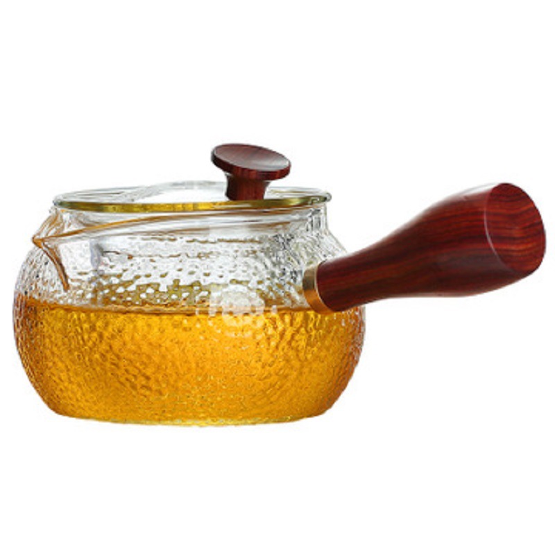 Fábrica al por mayor patrón de martillo mango lateral olla de vidrio resistente al calor tetera de La Flor eléctrica estufa de cerámica calefacción Kung Fu juego de té tetera