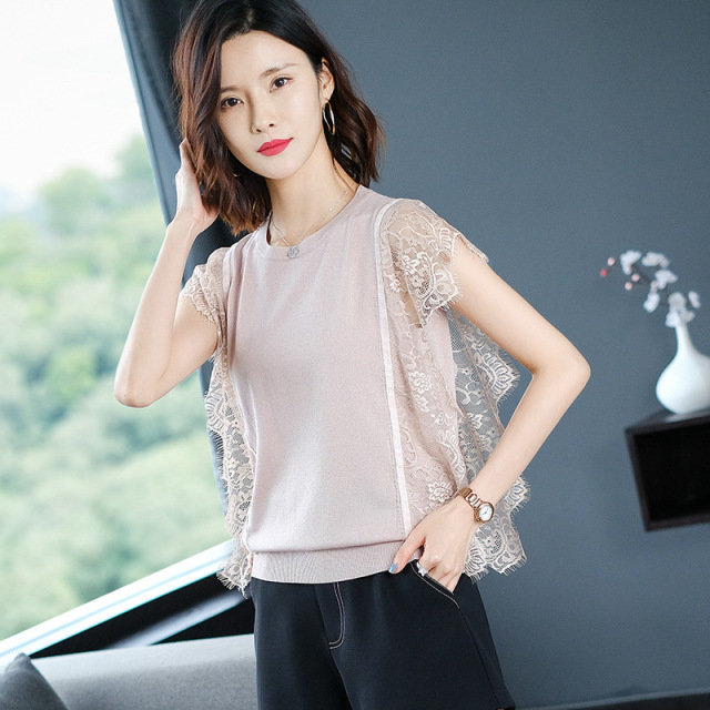 Lace short sleeve top women’s versatile round neck thin T-shirt loose and thin solid T-shirt